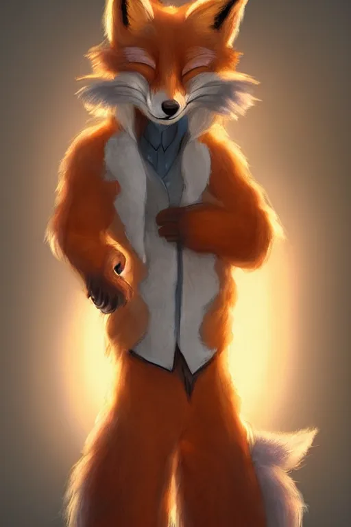 Image similar to an anthropomorphic fox with a fluffy tail wearing a vest, backlighting, trending on artstation, digital art, furry art, trending on furaffinity, lineart