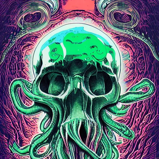 Image similar to a red cthulhu skull in a green sea enveloped by jellyfish tendrils and black seaweed by josan gonzalez and dan mumford, highly detailed, high contrast