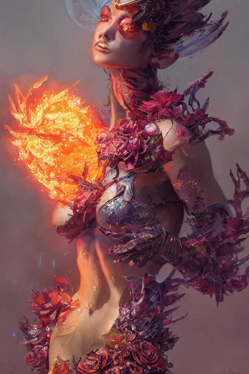 Image similar to torso closeup model wearing exploding flowers fire dress, sorcerer, diamonds, angel, fantasy, dramatic lighting, highly detailed, digital painting, holding electricity, magic the gathering, hyper detailed, 3 d render, hyper realistic detailed portrait, peter mohrbacher, wlop, ruan jia