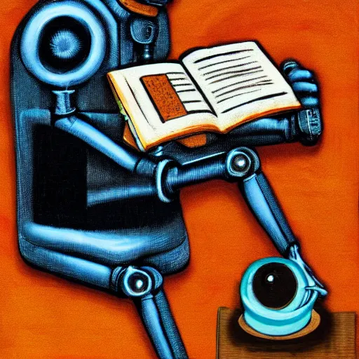 Image similar to a robot reading a book by francis bacon