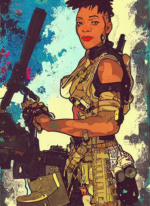 Image similar to maria igwe. cyberpunk mercenary in combat vest. portrait illustration, pop art, splash painting, art by geof darrow, ashley wood, alphonse mucha, makoto shinkai