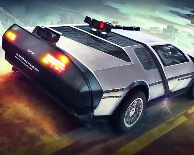 Image similar to photo of a vehicle concept design delorean racing on a science fiction race track, rocket league tank mad max global illumination ray tracing hdr, gta 5 comics, makoto shinkai, borderlands, fast and furious, octane