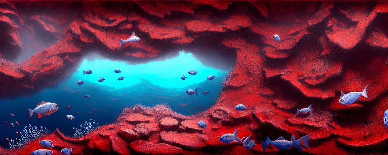 Image similar to A gorgeous detailed oil of a dark red sea covered in big blue steep rocks, a school of piranhas underwater, the further away the mistier it gets, surreal, concept art, dark aesthetic, atmospheric, moody, hyperrealism, highly detailed, masterpiece, award winning, 4k, unreal engine