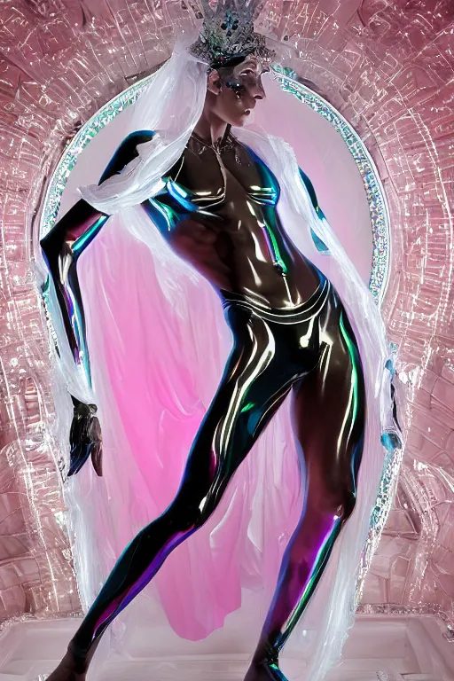 Prompt: full-body rococo and cyberpunk delicate crystalline sculpture of a muscular iridescent slender Spanish male as a humanoid deity wearing a thin see-through ((plastic hooded cloak)) sim roupa, reclining con las piernas abiertas, glowing pink face, crown of white lasers, large diamonds, swirling black silk fabric. futuristic elements. oozing glowing liquid, full-length view. space robots. human skulls. throne made of bones, intricate artwork by caravaggio. Trending on artstation, octane render, cinematic lighting from the right, hyper realism, octane render, 8k, depth of field, 3D