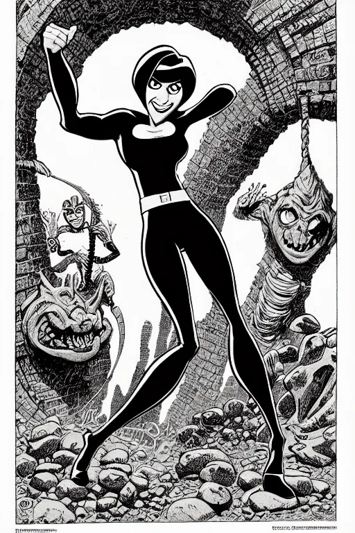 Image similar to helen parr elastigirl as a d & d monster, full body, pen - and - ink illustration, etching, by russ nicholson, david a trampier, larry elmore, 1 9 8 1, hq scan, intricate details, stylized border