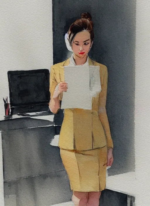 Image similar to concept art of a modern office life, young attractive business woman, pencil miniskirt, pinterest, artstation trending, behance, watercolor, by coby whitmore, silver, laser light,