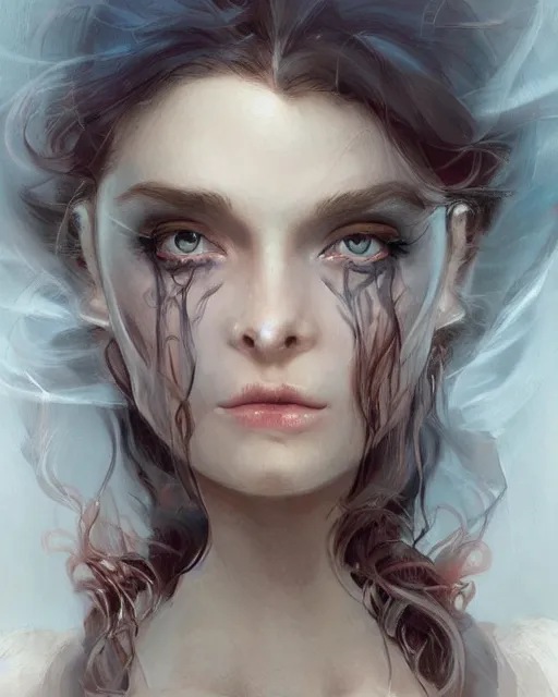 Prompt: portrait of demon girl, dreamy and ethereal, expressive pose, big blue eyes, exciting expression, fantasy, intricate, elegant, dark and moody smoke, highly detailed, digital painting, artstation, concept art, smooth, sharp focus, illustration, art by artgerm and greg rutkowski and ( alphonse mucha )