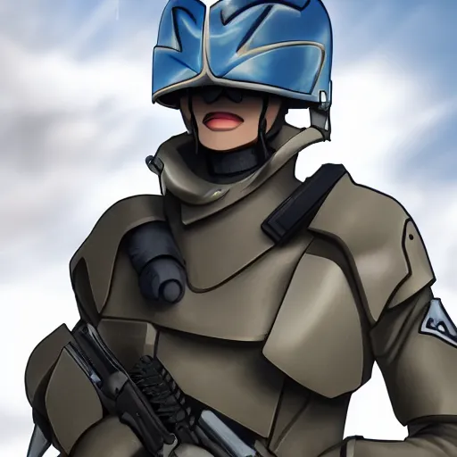 Image similar to a futuristic soldier captain with a metal visor and a blue shoulderpad in anime style