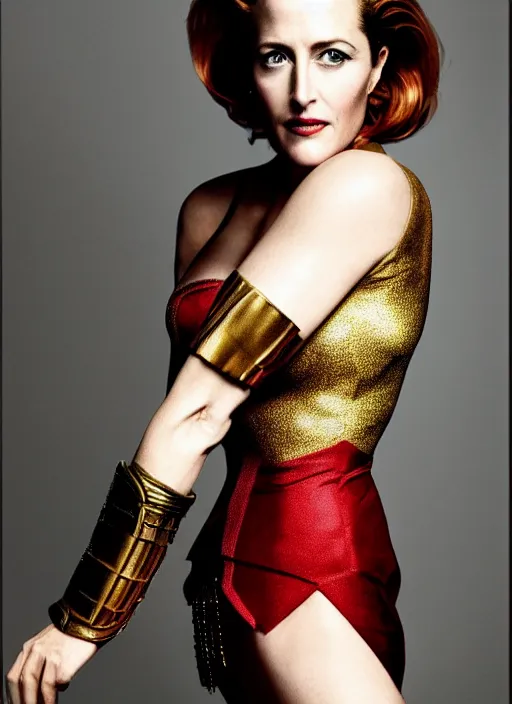 Image similar to full length photo of a gorgeous Gillian Anderson dressed as wonder woman by Mario Testino, detailed, head shot, award winning, Sony a7R
