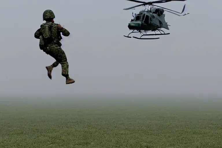 Image similar to bangladesh army commander jumping from a helicopter, cinematic shot, motion still, atmospheric