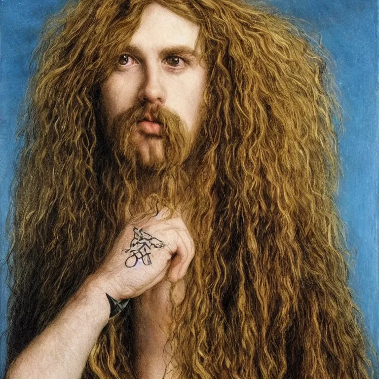 Prompt: Pre-Raphaelite portrait of 1980s thrash metal band leader singer, with very long blond hair and grey eyes