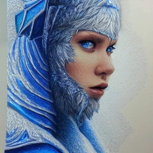 Image similar to Colored pencil art on paper, Frost Mage, highly detailed, artstation, Caran d'Ache Luminance