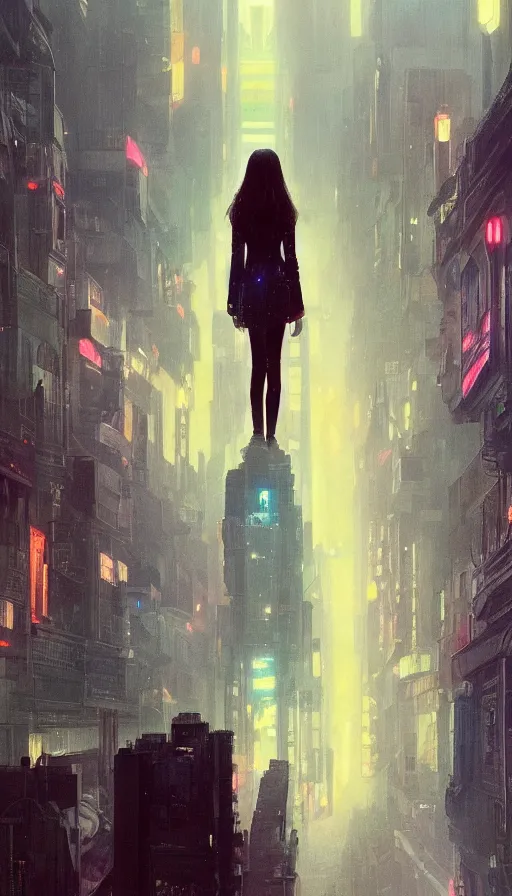 Image similar to hailee steinfeld, omicron, 2 0 1 8 blade runner movie still girl look at the cityscape from roof perfect face fine realistic face pretty face neon puffy jacket blue futuristic sci - fi elegant by denis villeneuve tom anders zorn hans dragan bibin thoma greg rutkowski ismail inceoglu illustrated sand storm alphonse mucha