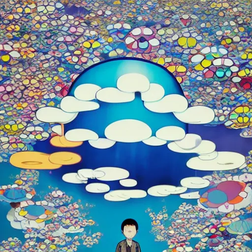 Image similar to a man walking on clouds away from the camera above kyoto by takashi murakami, beeple and james jean, aya takano color style, 4 k, super detailed, modern, 4 k, symmetrical