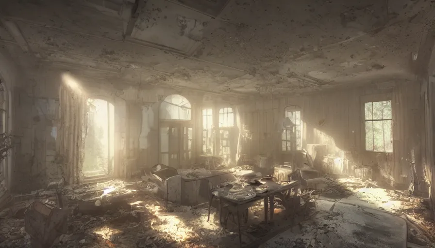 Prompt: abandoned 2 0's house with sunlight coming through old dusty windows, collapsed ceiling, dirt, old furnitures, hyperdetailed, artstation, cgsociety, 8 k