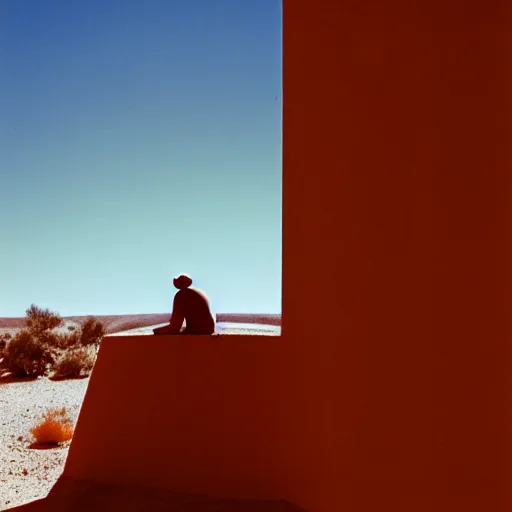 Image similar to a man sitting outside a Non-Euclidean orb-like clay house sitting in the desert, vintage photo, beautiful cinematography, blue sky, film grain, extreme wide shot, far away, James Turrell