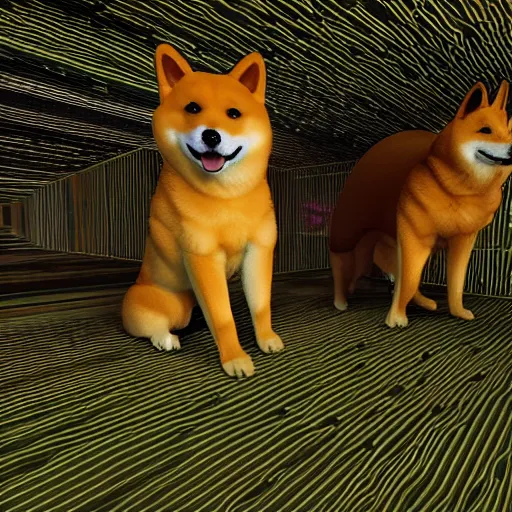 Prompt: two shiba inu in the psychedelic baroque dmt fourth dimensional tunnel, octane 3 d render