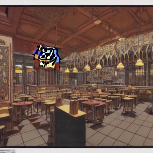 Image similar to interior of a mcdonald's in the style of gothic, circa 1 9 9 9, hyper detailed, 8 k