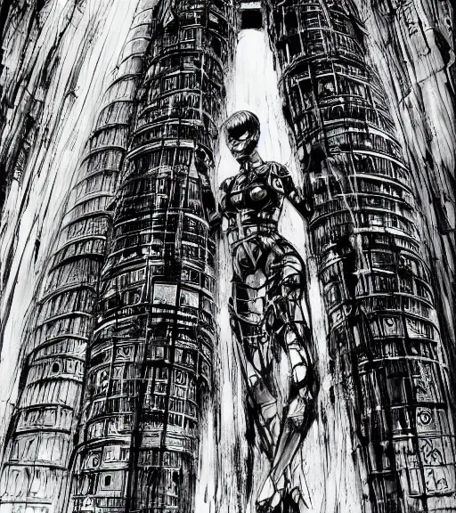 Image similar to tarkovsky scene, epic ancient tower of babylon above a woman in transparent cyber clothing, hyperrealistic, blame, manga style, drawing by tsutomu nihei, cyber world, concept art, hyper - detailed, smooth, masterpiece, epic, cinematic, high quality