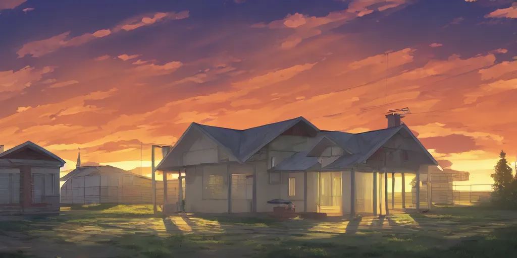 Image similar to a soviet suburban panel building house with sunset sky, ultra high quality, 4 k, by miyazaki and makoto shinkai, anime screenshot, colorful, artstation, pixiv,