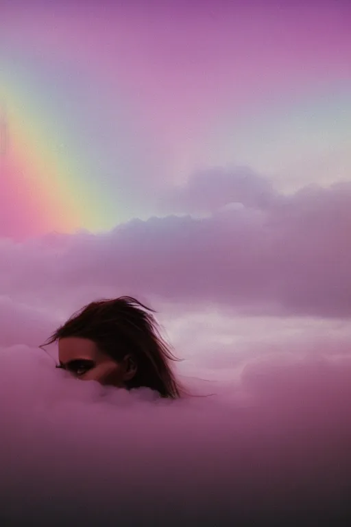 Image similar to high quality pastel coloured film close up wide angle photograph of a model wearing clothing resting on cloud furniture in a icelandic black rock!! environment in a partially haze filled dreamstate world. three point light, rainbow. photographic production. art directed. pastel colours. volumetric clouds. pastel gradient overlay. waves glitch artefacts. extreme facial clarity. 8 k. filmic.