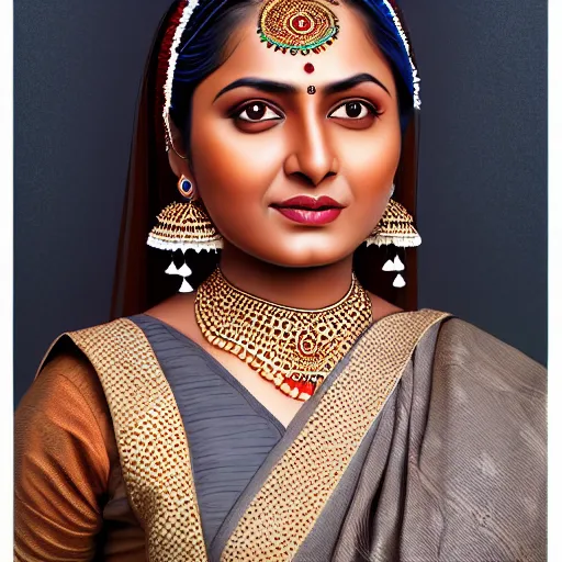 Image similar to highly detailed full body portrait of south asian brown happy woman in traditional wear, studio portrait, grey colored eyes, blue colored traditional wear, photo by jerry ghionis, hyper realistic, concept art, 8 k detail post - processing