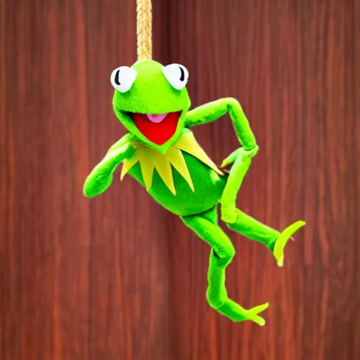Image similar to kermit meme kermit the frog puppet swinging off a ceiling fan, highly detailed, photo realism, textured puppet, dslr