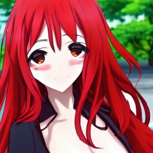 Image similar to maki nishikino from love live with cyborg body, red hair, anime style