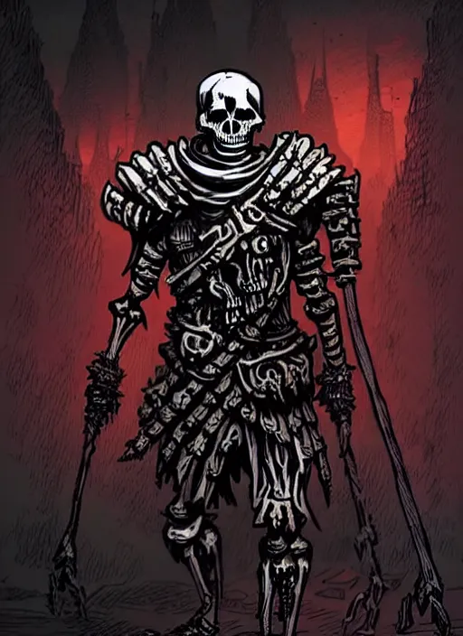 Prompt: concept art of a twisted demonic skeleton warrior wearing full clad armour in darkest dungeon, highly detailed, dark atmosphere, cosmic horror, body horror, lovecraft mythos, key character poster