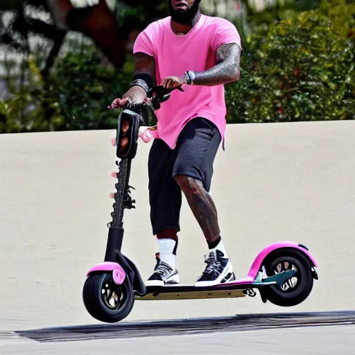 Prompt: paparazzi photo of Lebron James on a pink scooter in a skatepark, ultra high definition