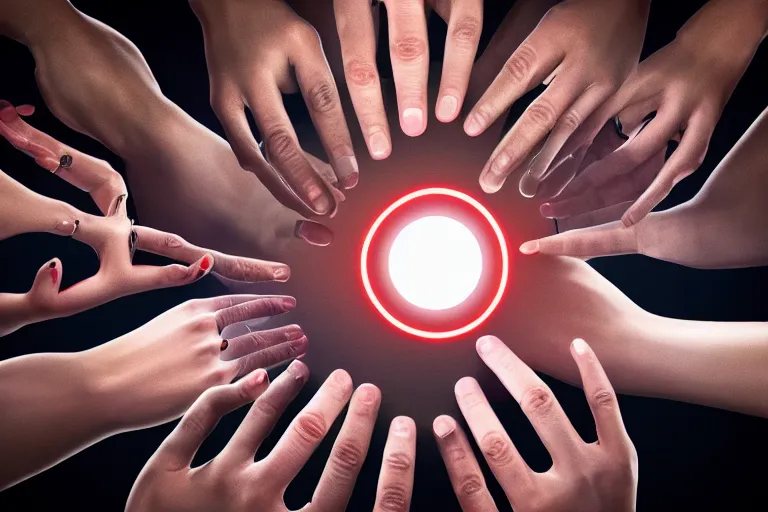 Image similar to ( ( a beautiful 8 k photorealistic masterpiece oil painting ) ( of ( a group of people standing in a ring trying to change the action of the mechanisms with their hands ) ) ( logo ) ) ( hyperrealism ) ( 1 6 k ) ( in a dark circle as the background )
