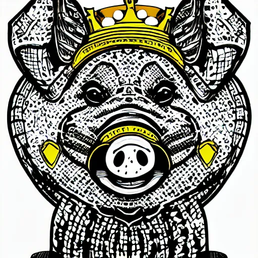 Prompt: Highly detailed comic book style drawing of a pig wearing a gold crown, full body, zoomed out, retro, colorful, intricate, technical drawing, concept art, sharp