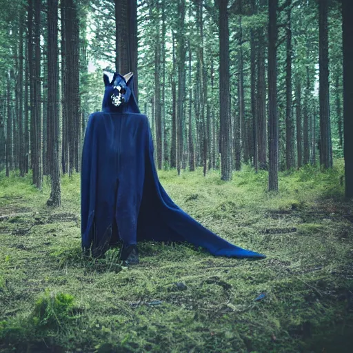 Prompt: professional photograph of tall creature wearing a wolf skull mask and a full body dark blue blanket in the middle of the forest, front view