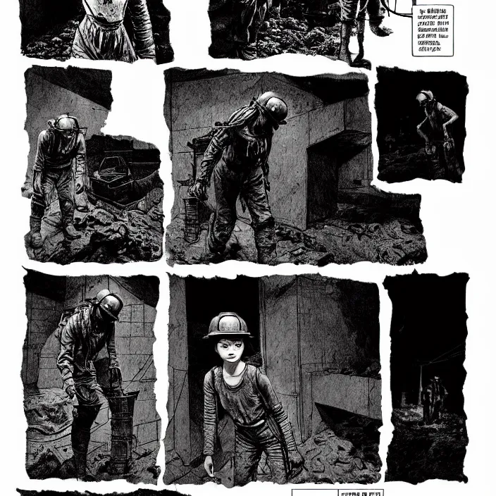 Prompt: tired sadie sink as a miner emerges out of the dark coal mine. storyboard, scifi cyberpunk. by gabriel hardman, joe alves, chris bonura. cinematic atmosphere, detailed and intricate, perfect anatomy