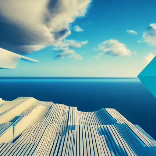 Image similar to abstract 3 d geometric shapes above sea, sea line, sunny sky, vray render