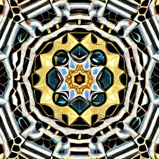 Image similar to ornate twisting three dimensional multilayered pattern vortex inside a hexagonal shape, intricate detail, complex, jade, gold, silver, obsidian