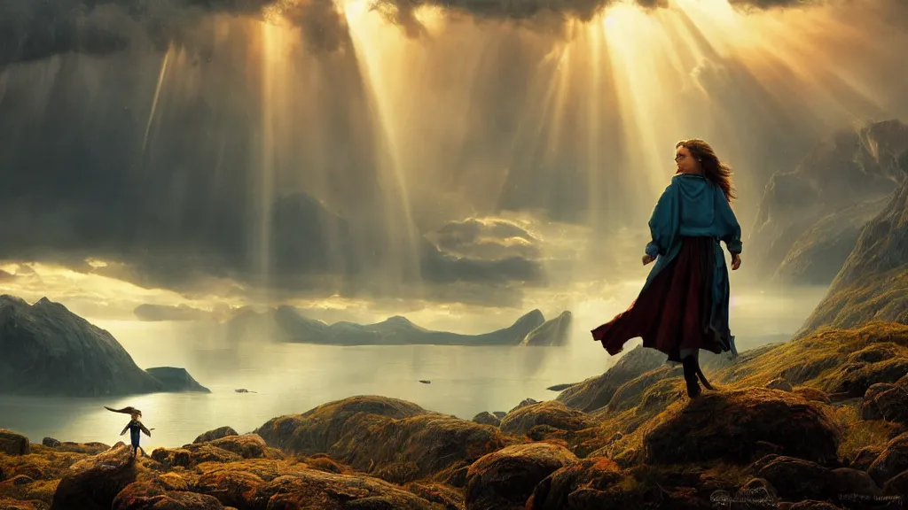 Image similar to wizard, norway fjord, natalie portman, hudson river school, max rive, full plate armor, f 1 6, bokeh, gentle, female, snowy, storm clouds, god rays, close up portrait, d & d, fantasy, elegant, teal orange color palette, concept art, roger deakins and greg rutkowski and alphonse mucha