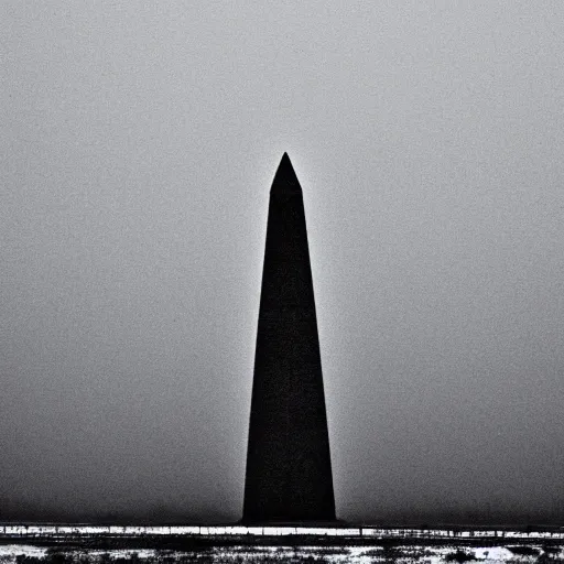 Prompt: a large obelisk on a flat plain of ice. grainy, overcast sky, snowing.