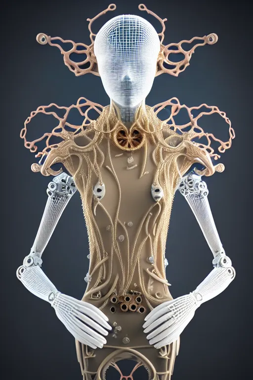 Prompt: 3 d render, biomechanical beautiful young female cyborg with a porcelain profile face, analog, squid, jellyfish, hexagonal mesh fine wire, sinuous fine roots, alexander mcqueen, art nouveau fashion embroidered, steampunk, mandelbrot fractal, picture taken in 1 9 3 0