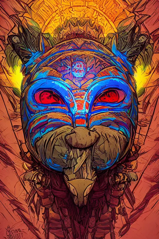 Image similar to totem animal tribal chaman vodoo mask feather gemstone plant wood rock video game illustration vivid color borderlands by josan gonzales and dan mumford radiating a glowing aura