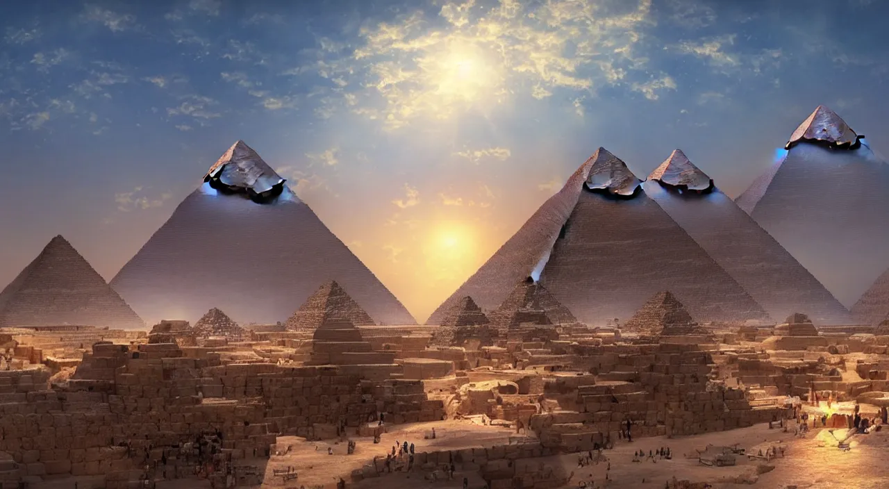 Prompt: The Great Pyramid of Giza, by Makoto Shinkai and Thomas Kinkade, fantasy matte painting, trending on cgsociety and unreal engine，light effect，highly detailed，super wide angle，