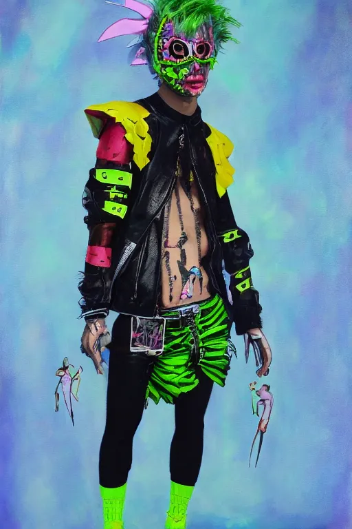 Prompt: a male character wearing a diy! costume dress, punk, with fluo colored details and a transparent mask, full body, muted colors, vivienne westwood, nausicaa, hyper real acrylic painting