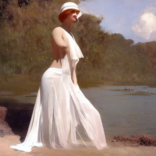 Image similar to a beautiful woman in an elegant see-thru white dress, wearing a black bikini underneath, 1920s, by Ilya Repin and WLOP, 8k octane render