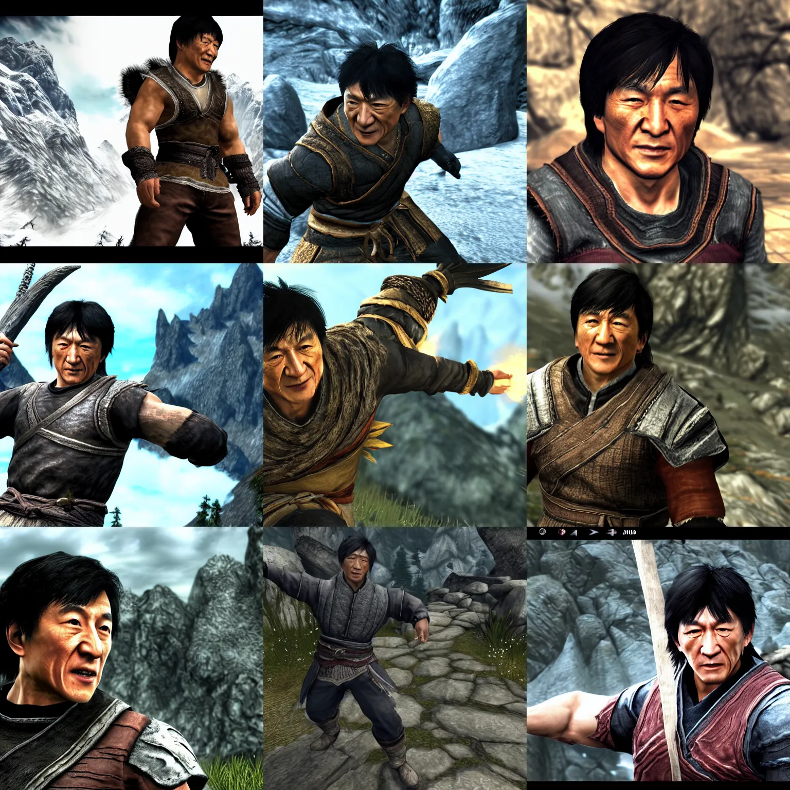 Prompt: Screenshot of Jackie Chan in the game Skyrim, highly detailed