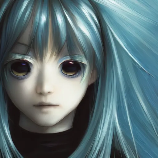 Image similar to full face shot of rimuru tempest, sky blue straight hair, long bangs, closed eyes, wearing a fancy black jacket, high collar, ultra detailed, brush strokes, digital painting, cinematic, wlop artstation, closeup, pixiv, eerie, scary, overpowering, evil, yoshitaka amano, junji ito,