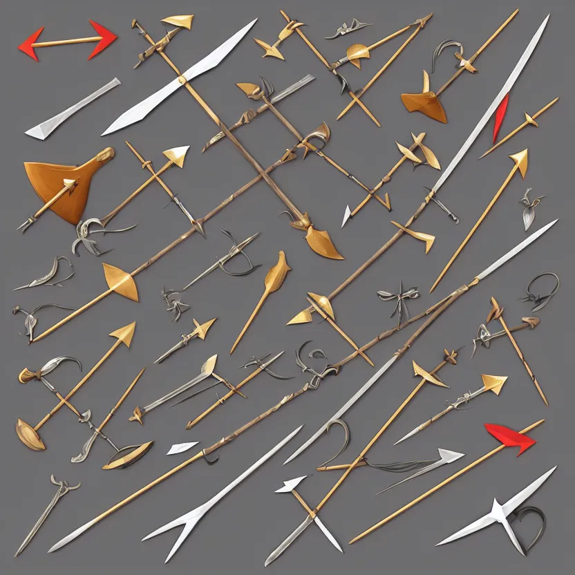 Prompt: arrows, bows, swords, axes, Set of high quality HD sprites, low poly