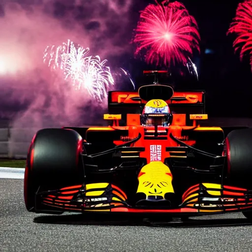 Image similar to portrait of max verstappen getting out of a mercedes f 1 car, dramatic shot, great photography, ambient light, night time, fireworks in the background