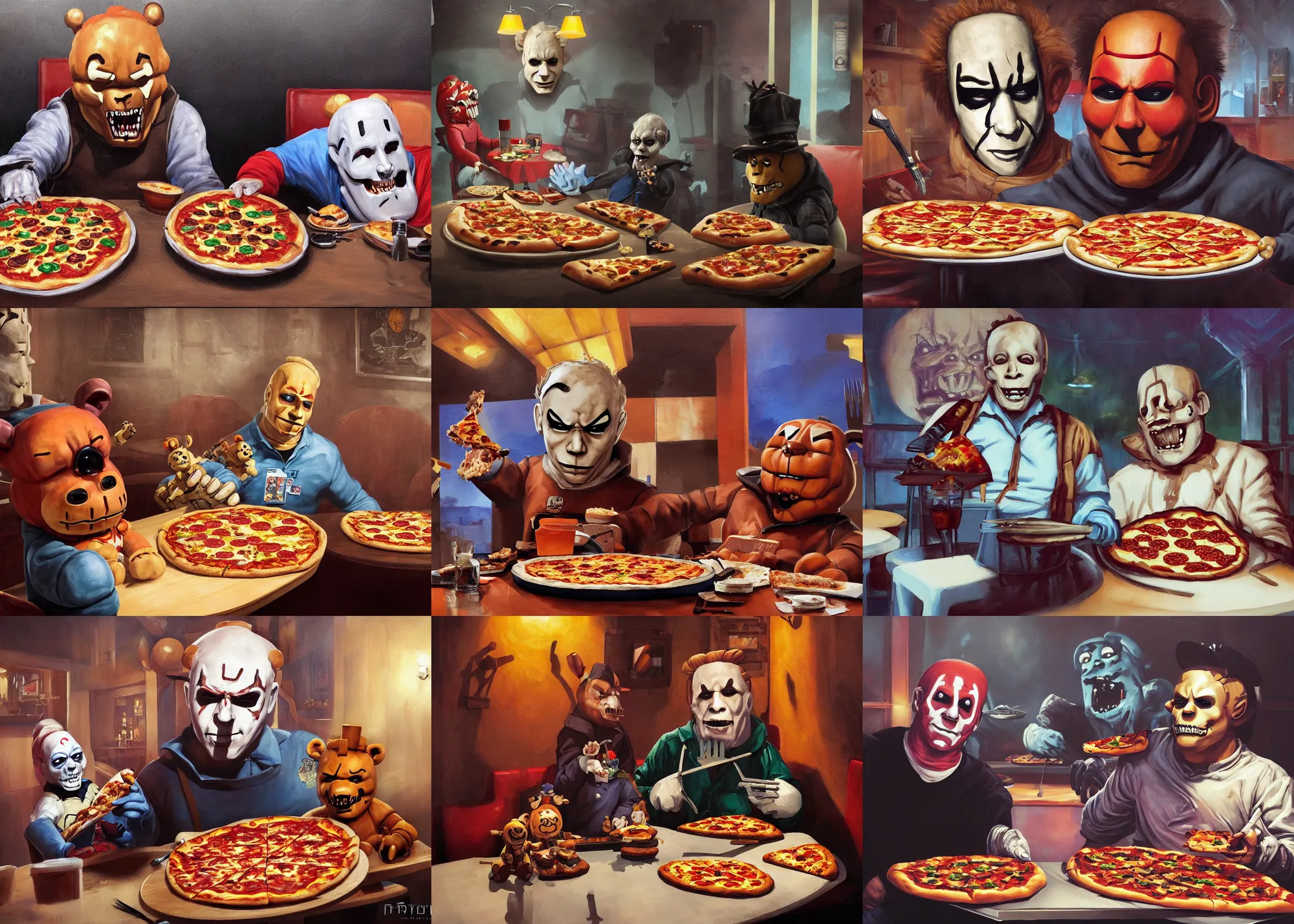 Prompt: painting of Michael Myers seated at Freddy Fazbear's Pizzeria eating a delicious pizza with Freddy Fazbear, well decorated, tables, happy, charming, typical, picturesque, sharp focus, wide shot, trending on ArtStation, masterpiece, by Greg Rutkowski, by Ross Tran, by Fenghua Zhong, octane, soft render, oil on canvas, colorful, cinematic, environmental concept art