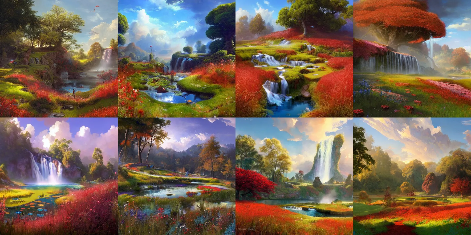 Prompt: a fantasy meadow with pond and waterfall in the distance, patches of red grass, blue sky with colorful clouds, by stephan martiniere and andreas rocha and greg rutkowski