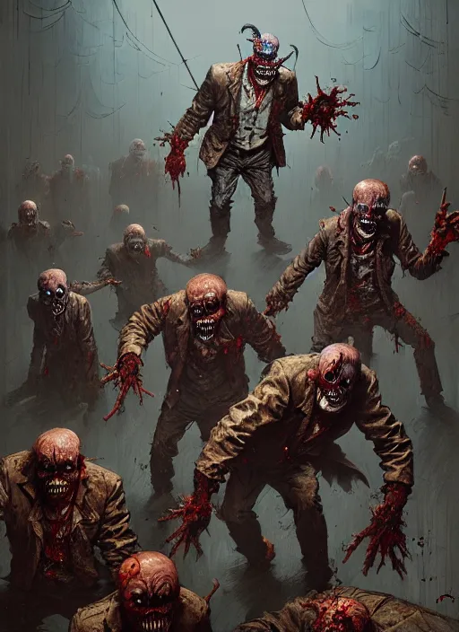 Image similar to masterpiece concept art, evil creepy clowns fighting zombies, by greg rutkowski and geof darrow, 8 k, intricate detail, cinematic lighting